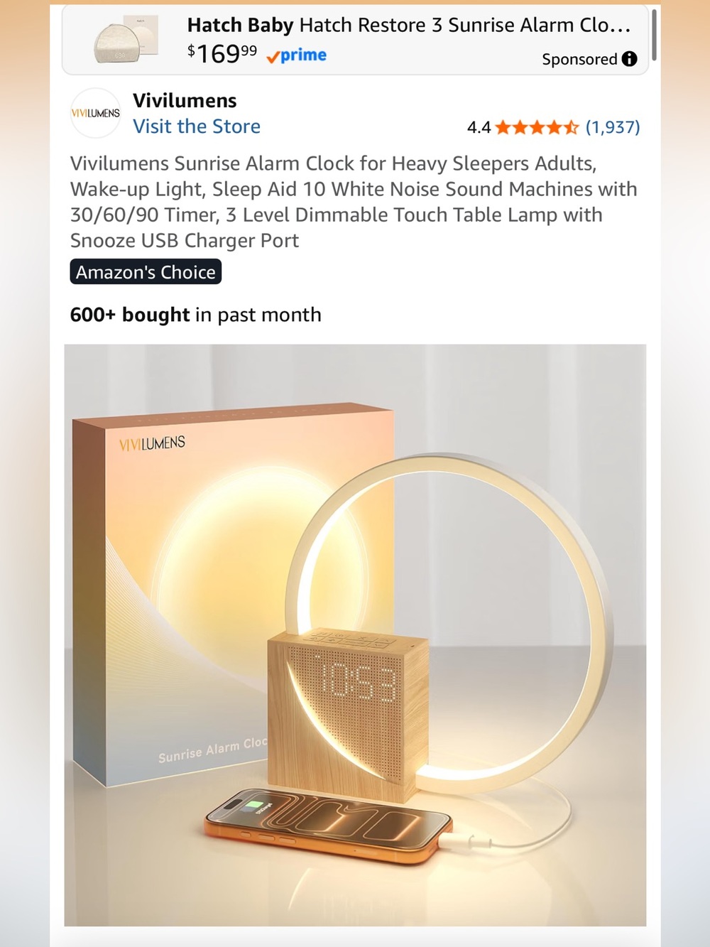 Vivilumens Sunrise Wake-Up Lamp with LED Clock — Wood & White